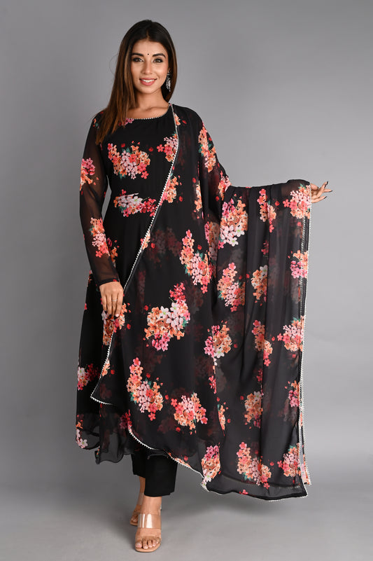 Black Floral Anarkali Suit Set with Dupatta