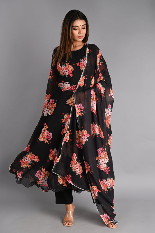 Black Floral Anarkali Suit Set with Dupatta
