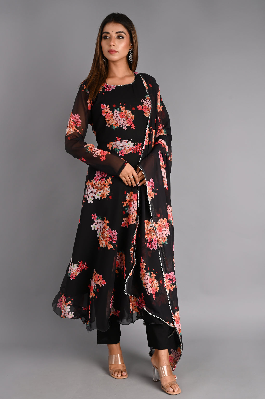 Black Floral Anarkali Suit Set with Dupatta