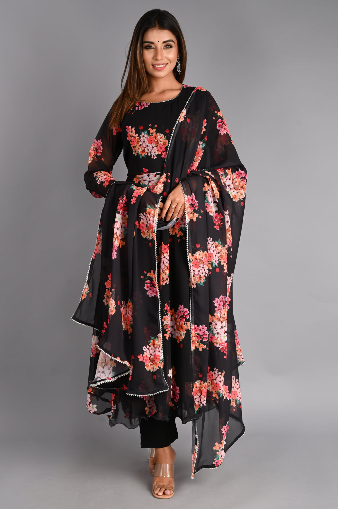 Black Floral Anarkali Suit Set with Dupatta